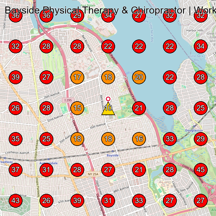 Bayside Physical Therapy & Chiropractor | Workers' Compensation, No-Fault, Major Medical GeoGrid visibility map for Physical Therapy Clinic in Bayside